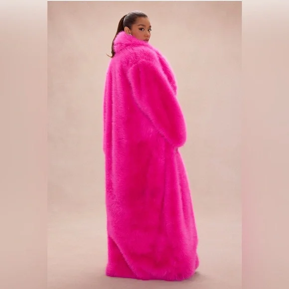 NWT Hot Pink Fuchsia Faux Fur Oversized Coat - Women's Statement Jacket L - Picture 4 of 5